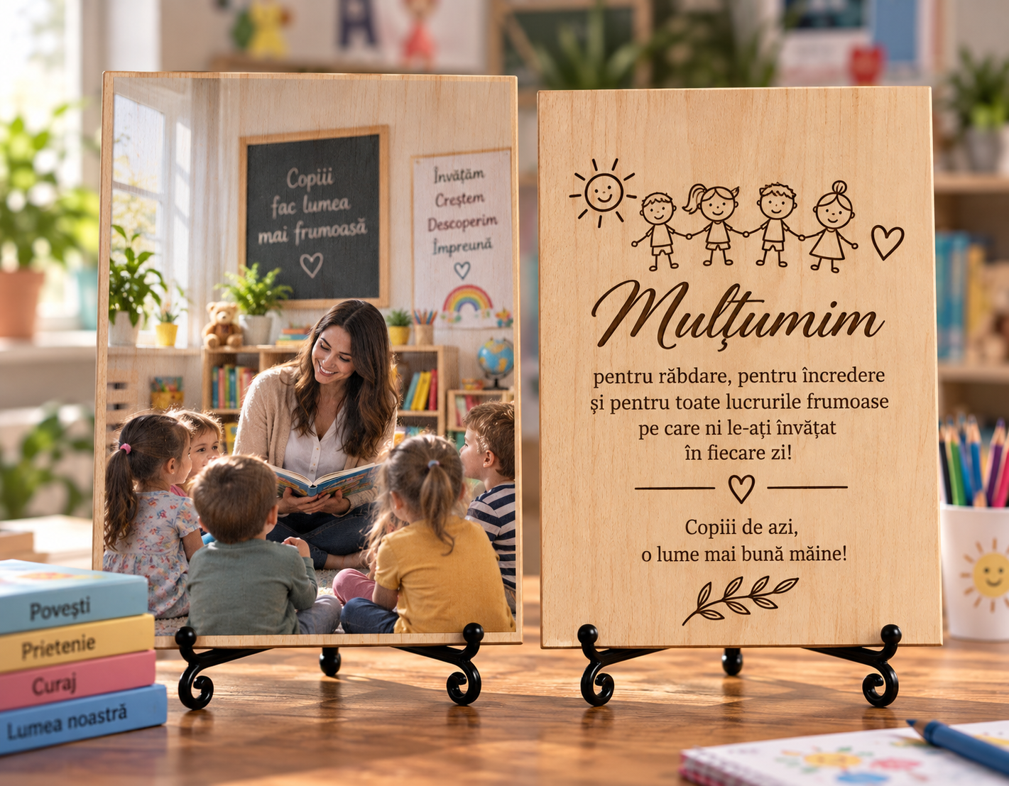 Cadou pentru educator sau educatoare – Amintire de la grupă – Tablou foto personalizat pe lemn