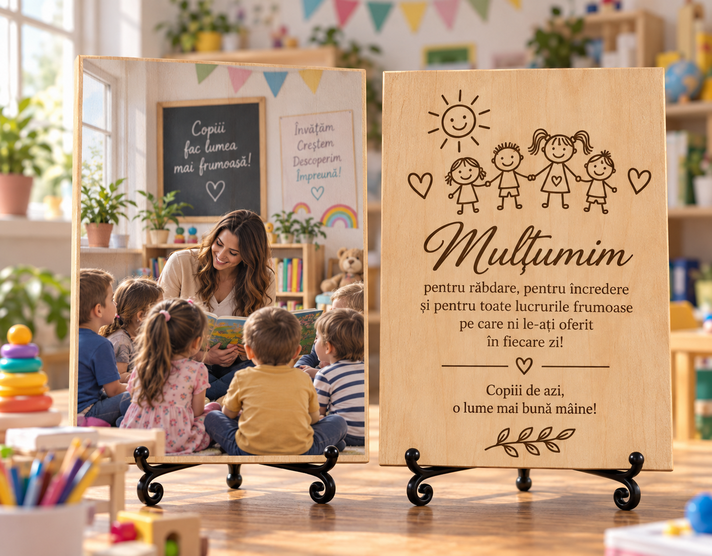 Cadou pentru educator sau educatoare – Mulțumire de la copii – Tablou foto personalizat pe lemn