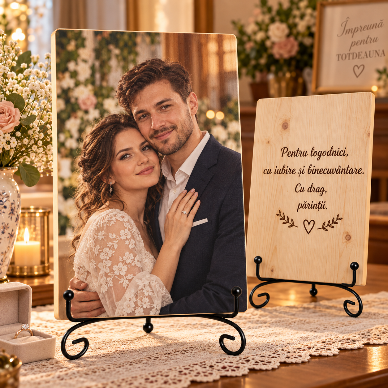 Cadou de logodnă – De la părinți pentru logodnici – Tablou foto personalizat pe lemn