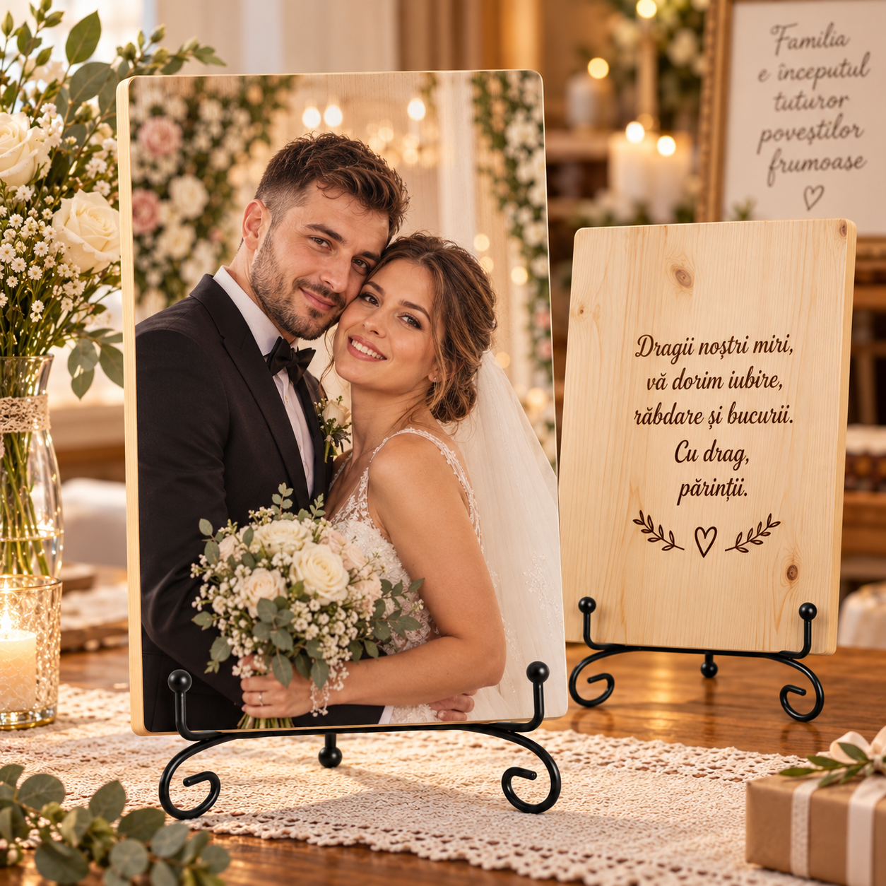 Cadou de nuntă – De la părinți pentru miri – Tablou foto personalizat pe lemn