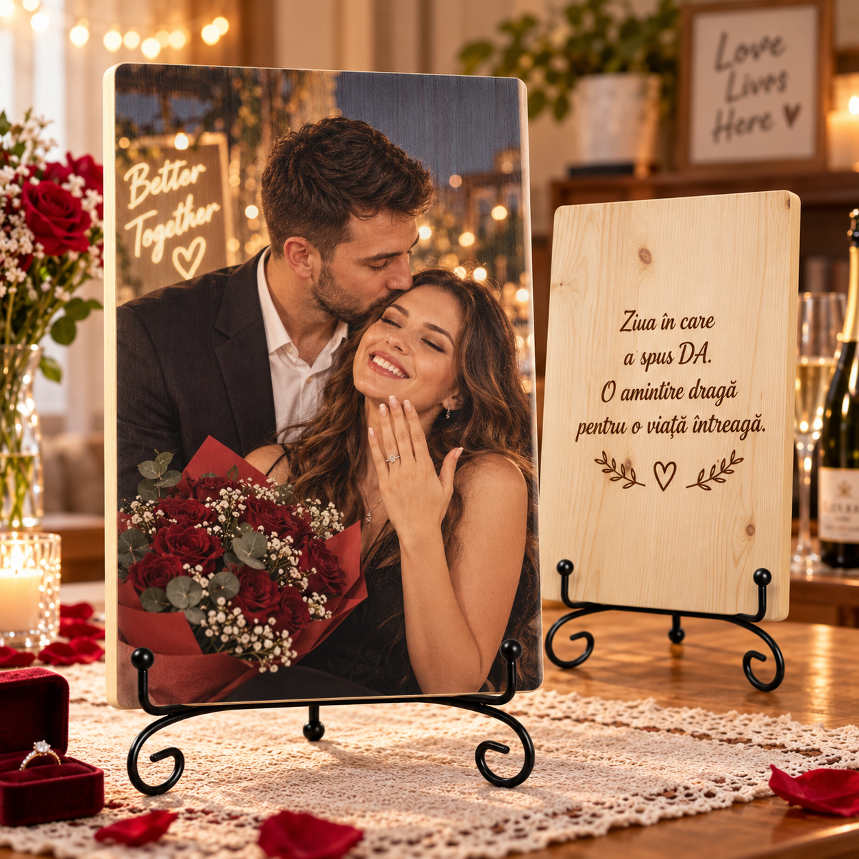 Cadou de logodnă – Ziua în care a spus DA – Tablou foto personalizat pe lemn