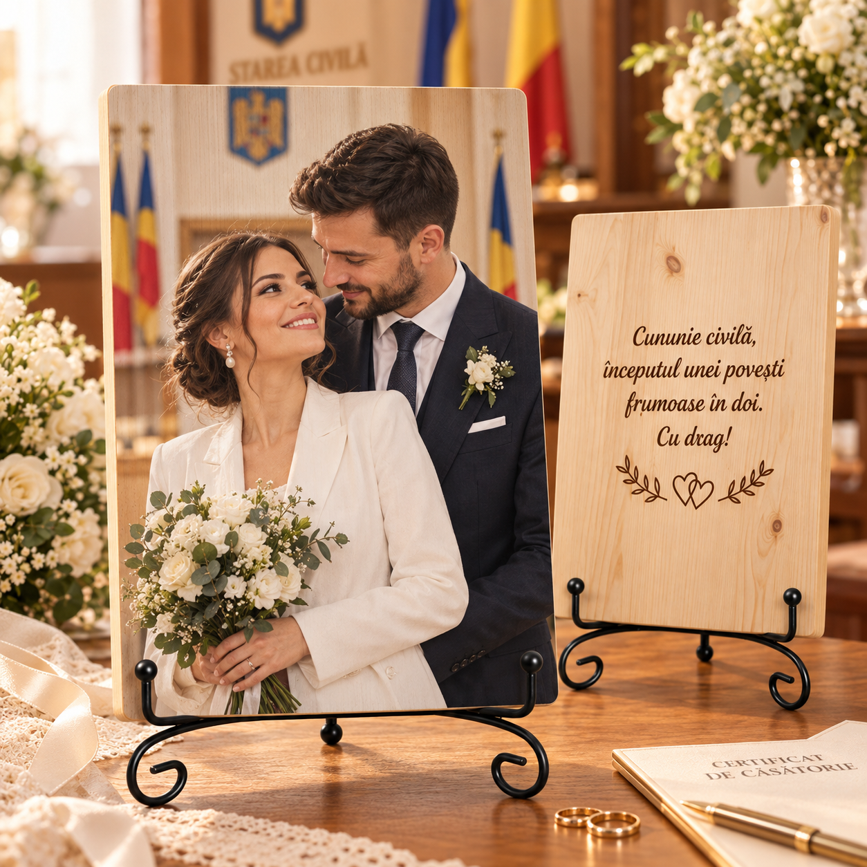 Cadou de nuntă – Cununie civilă – Tablou foto personalizat pe lemn