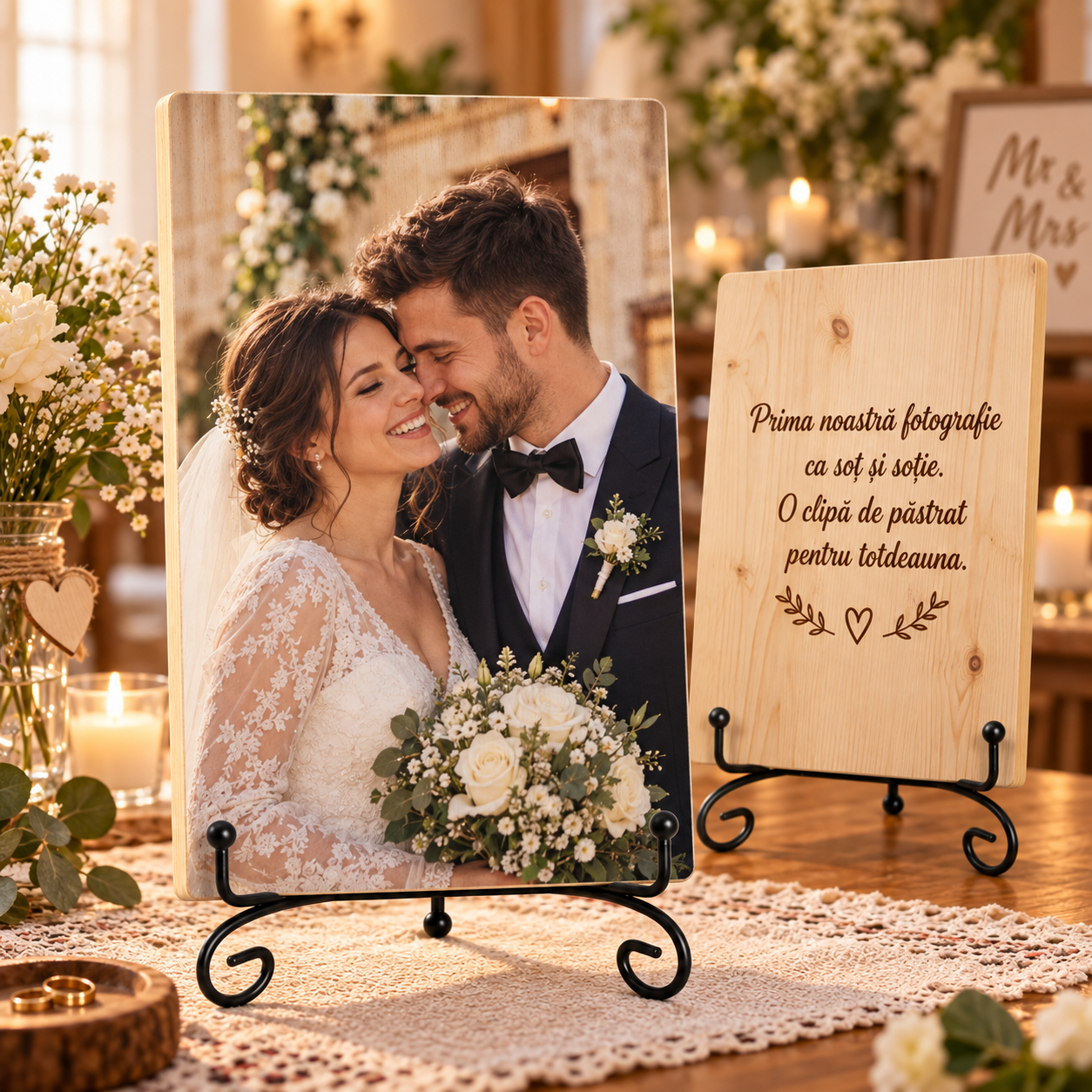 Cadou de nuntă – Prima fotografie ca soț și soție – Tablou foto personalizat pe lemn
