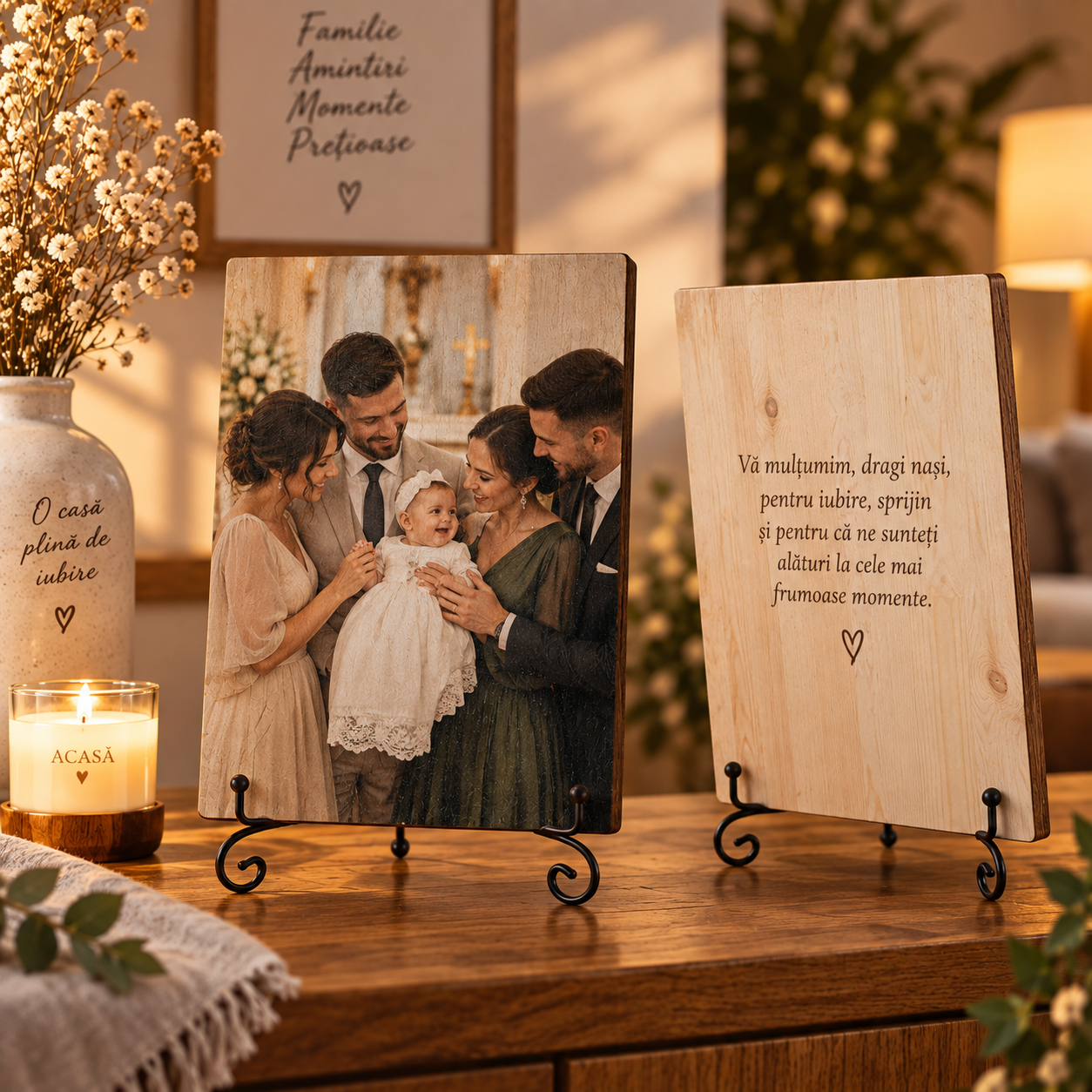 Cadou de botez – Mulțumire pentru nași – Tablou foto personalizat pe lemn
