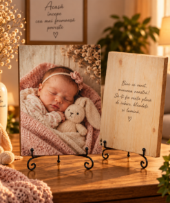Cadou pentru nou-născut – Bine ai venit, fetiță – Tablou foto personalizat pe lemn