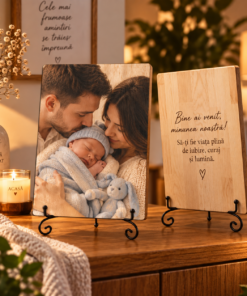 Cadou pentru nou-născut – Bine ai venit, băiețel – Tablou foto personalizat pe lemn