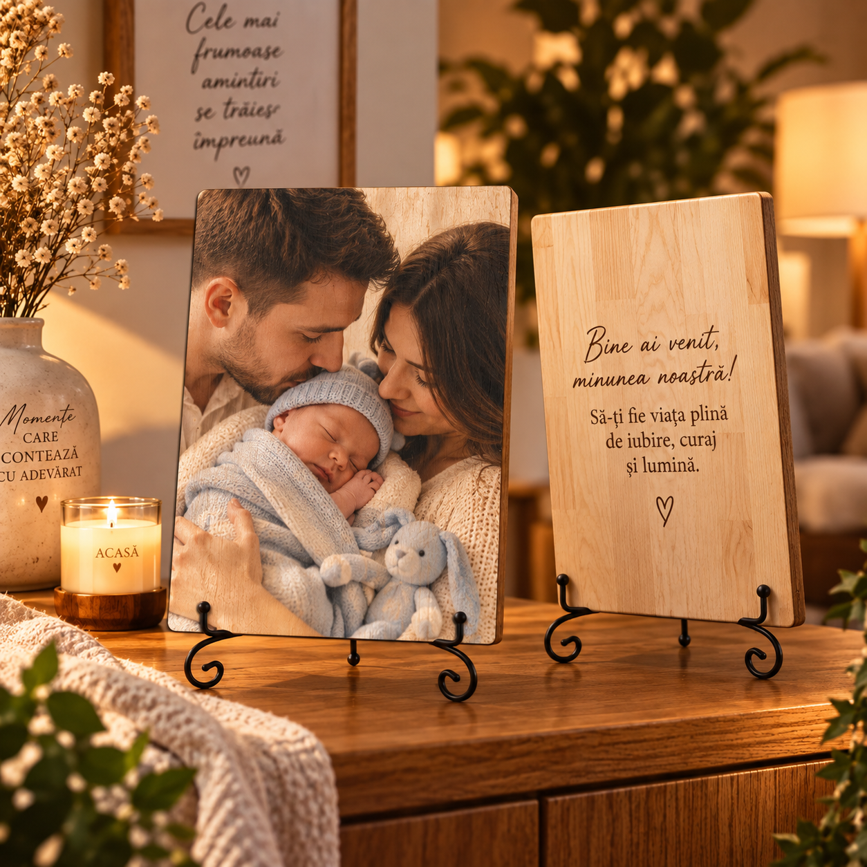 Cadou pentru nou-născut – Bine ai venit, băiețel – Tablou foto personalizat pe lemn