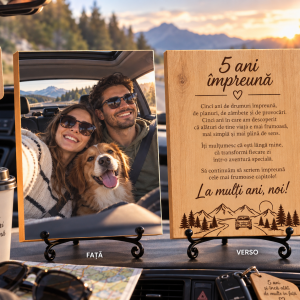 Cadou aniversare relație – 5 ani împreună – Poză pe lemn personalizată