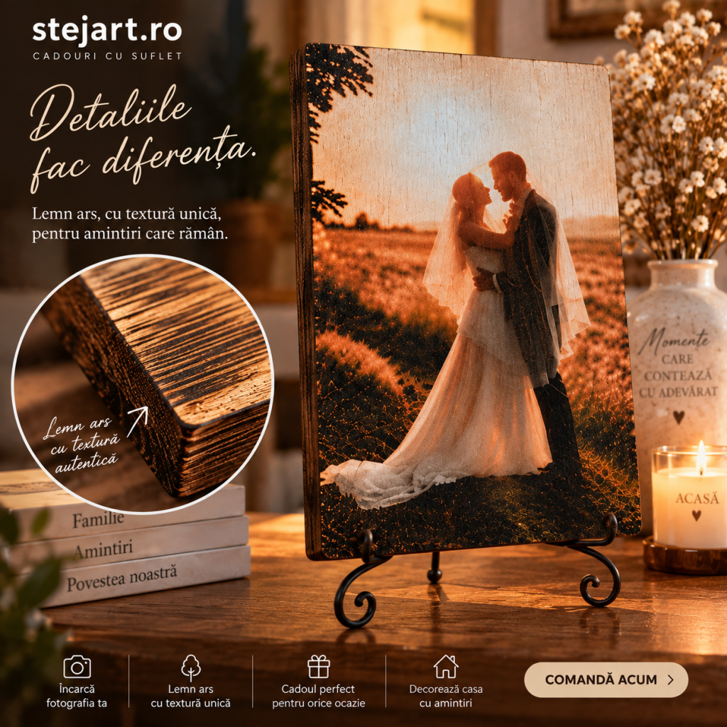 Tablou din lemn cu fotografie și mesaj pe verso – lemn ars