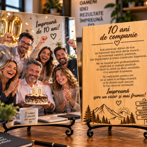 Cadou corporate – Aniversare companie 10 ani – Poză pe lemn personalizată