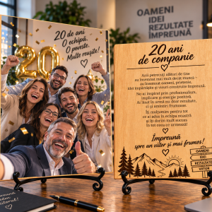 Cadou corporate – Aniversare companie 20 ani – Poză pe lemn personalizată