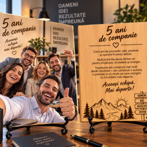 Cadou corporate – Aniversare companie 5 ani – Poză pe lemn personalizată