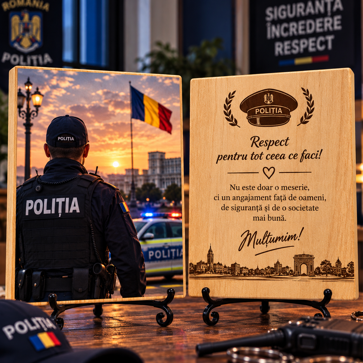 Cadou pentru polițist – Poză pe lemn personalizată