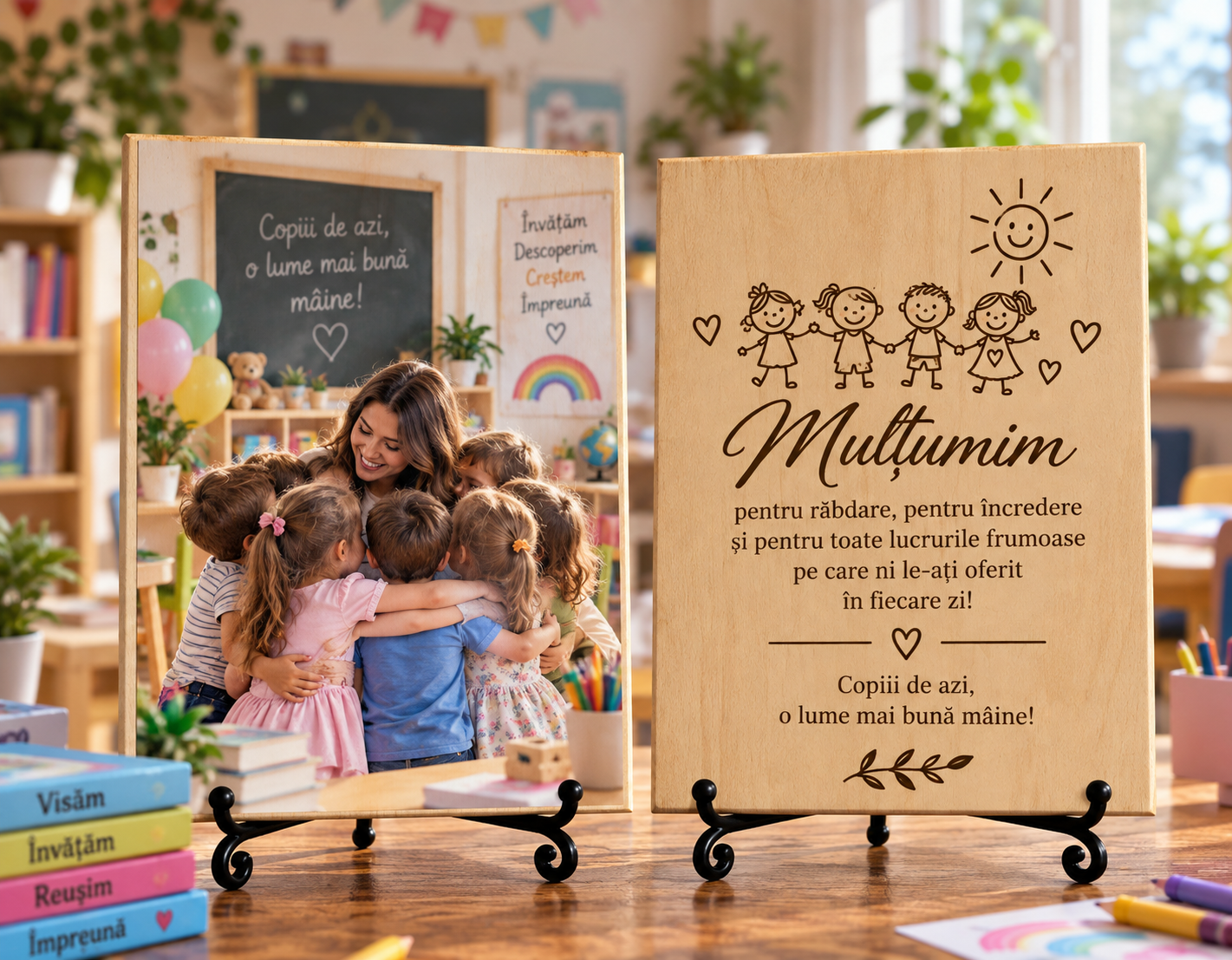 Cadou pentru educator sau educatoare – La final de grădiniță – Poză pe lemn personalizată