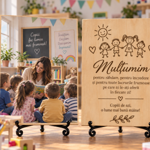 Cadou pentru educator sau educatoare – Mulțumire de la copii – Poză pe lemn personalizată