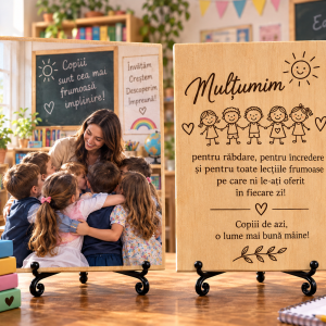 Cadou pentru învățător sau învățătoare – Mulțumire de la copii – Poză pe lemn personalizată
