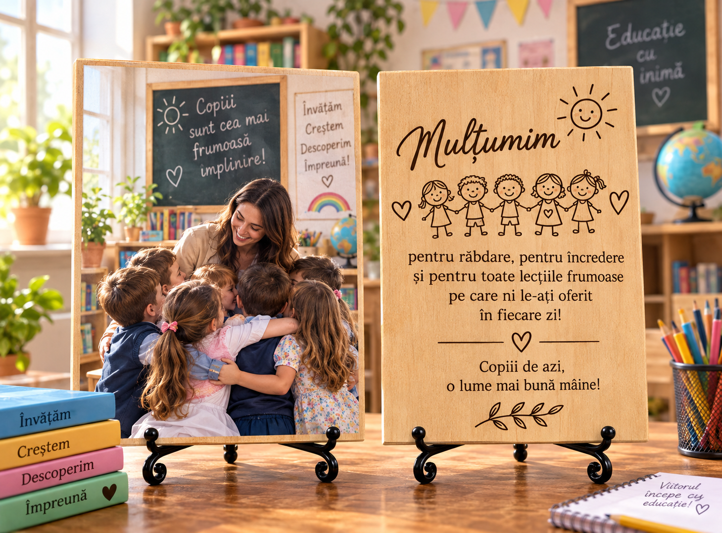 Cadou pentru învățător sau învățătoare – Mulțumire de la copii – Poză pe lemn personalizată