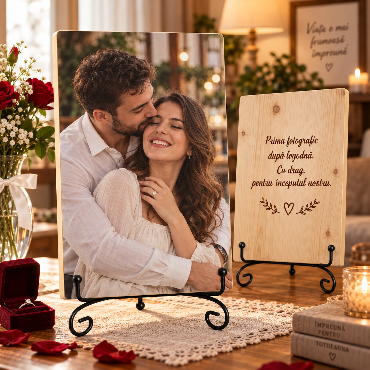 Cadou logodnă – Primul moment după logodnă – Poză pe lemn personalizată