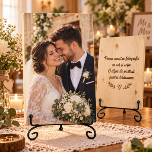 Cadou nuntă – Primul moment ca soț și soție – Poză pe lemn personalizată