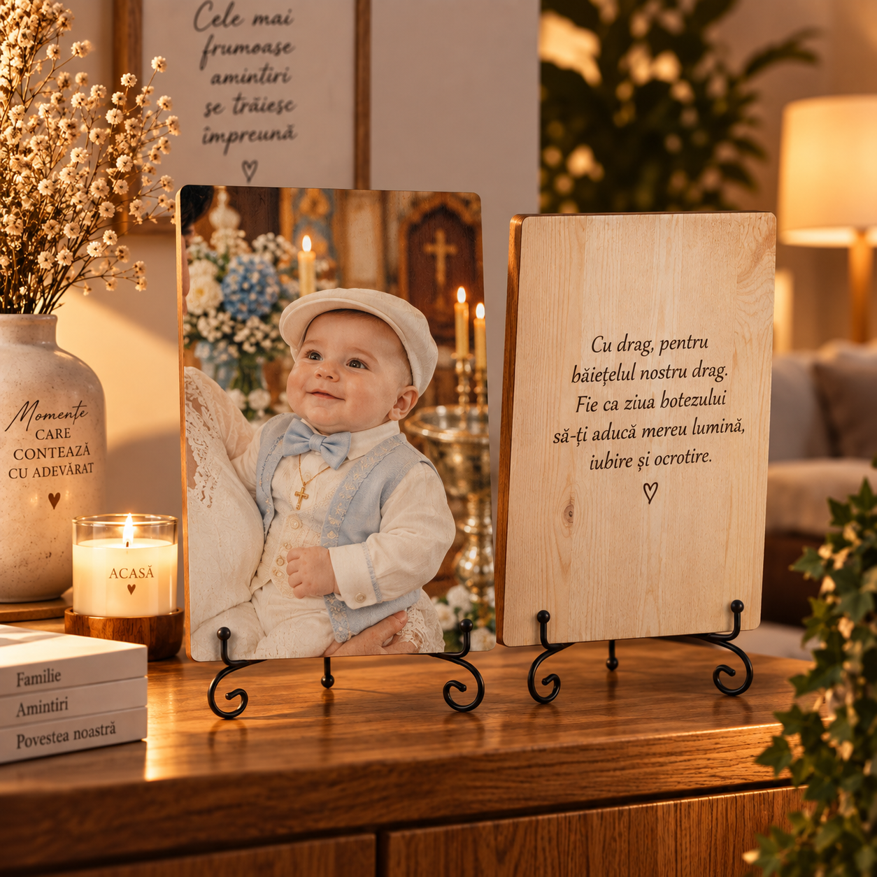 Cadou botez băiat – Poză pe lemn personalizată